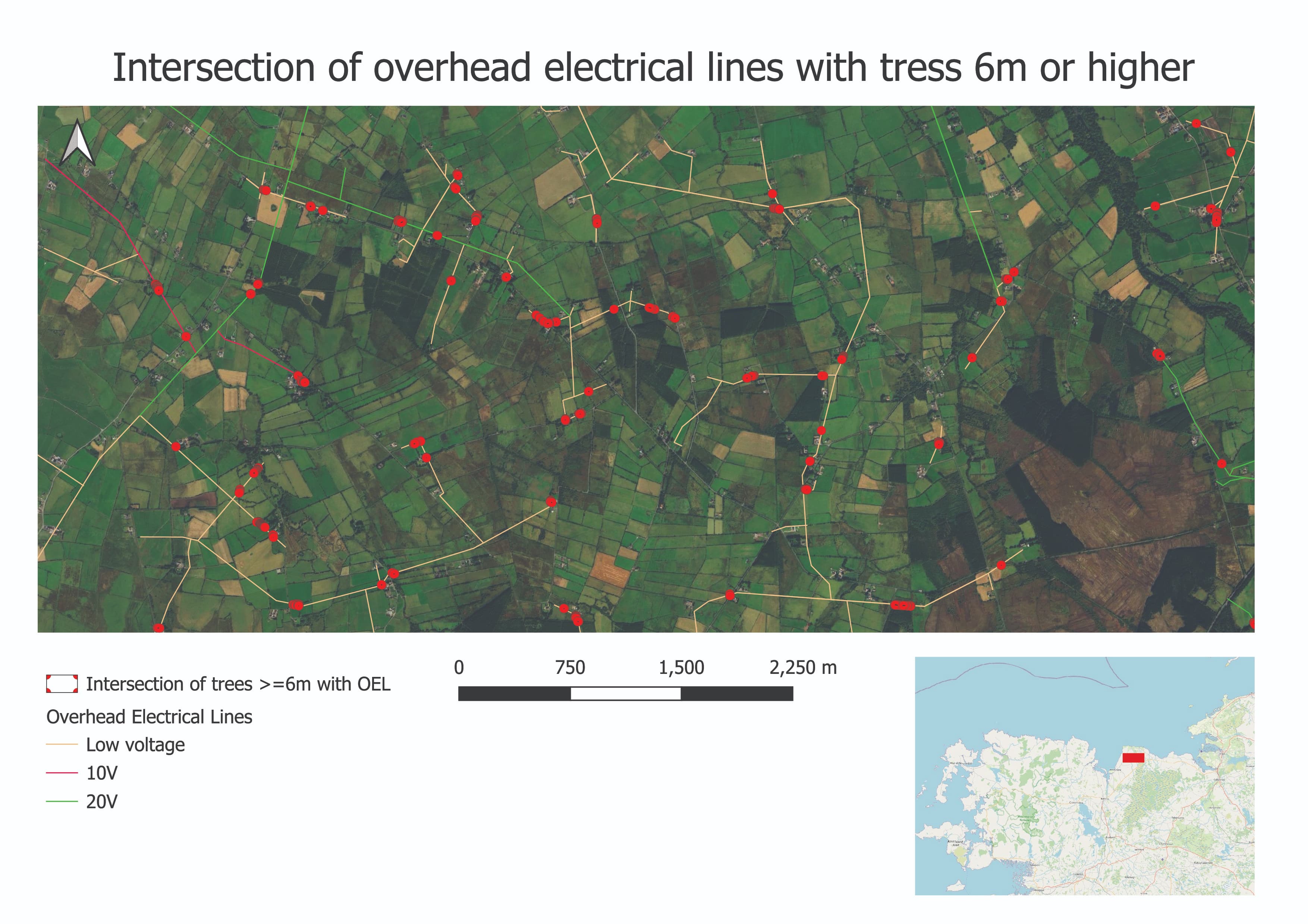 Map identifying large tress over 6m tall within 6m of electrical grid